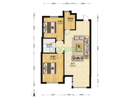 中正锦城 2室1厅1卫 91平方