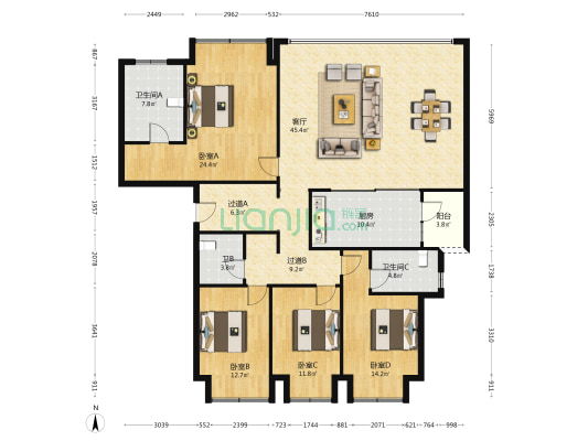龙湖北岛 4室1厅3卫 173平方