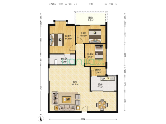都市广场 3室1厅1卫 140平方