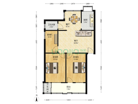 新北路4号 3室2厅2卫 90平方
