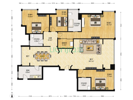 海珀兰庭 4室1厅3卫 228平方