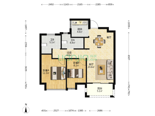 启潮府 2室1厅2卫 91平方