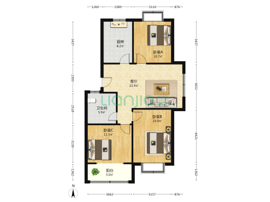 海明园康城 3室1厅1卫 100平方