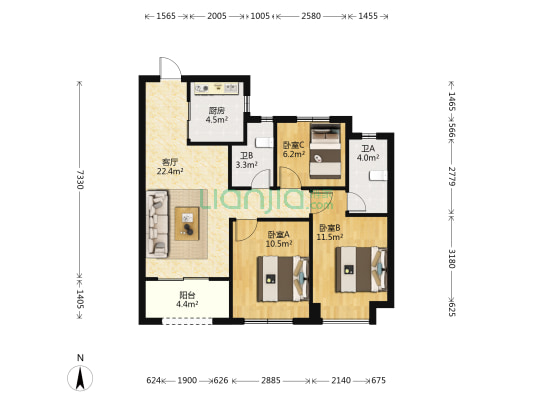 国贸凤凰原2期 3室1厅2卫 89平方