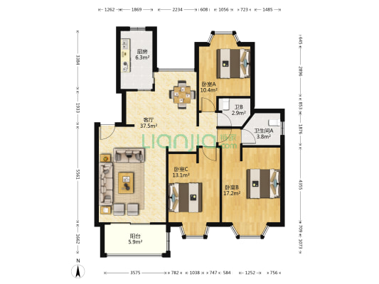 幸福小镇 3室1厅2卫 117平方