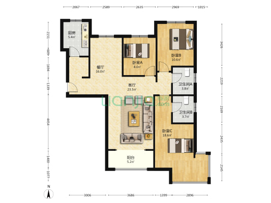 东户 2卫 南北通透 主卧转角窗 中层 满二-户型图