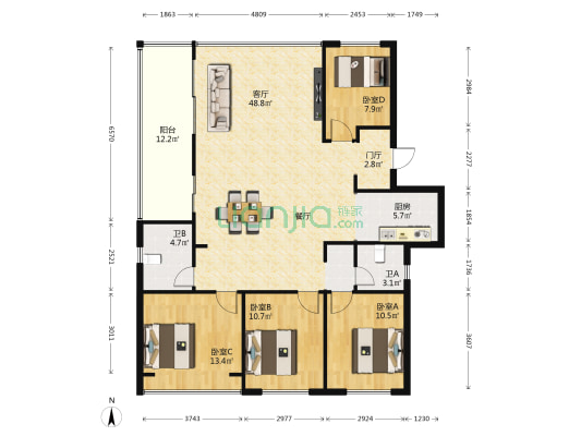 大华锦绣海岸二期 4室1厅3卫 133平方