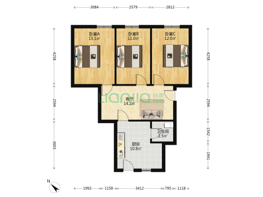 运校宿舍 3室1厅1卫 73平方