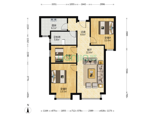 保利领秀山五区 3室1厅1卫 93平方