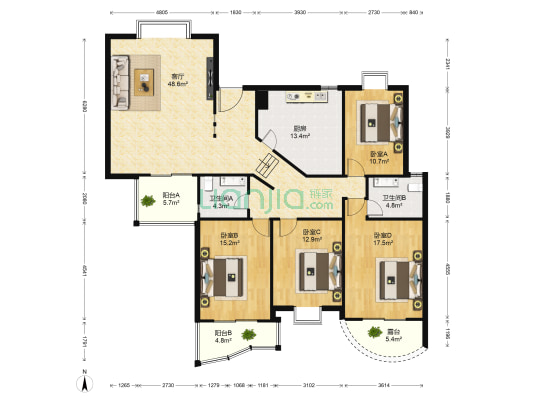 时代华庭 4室1厅2卫 209平方