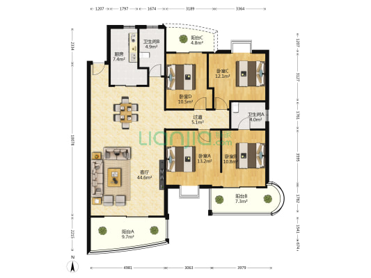 源昌国际城一期 4室1厅2卫 166平方