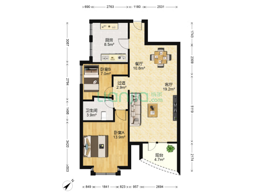 海湾花园 2室2厅1卫 94平方