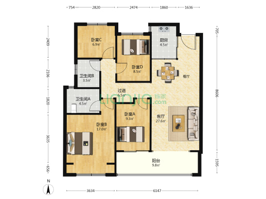 美盛金水印 4室1厅2卫 128平方