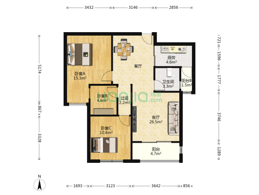 奥克斯中央公馆 3室1厅1卫 90平方