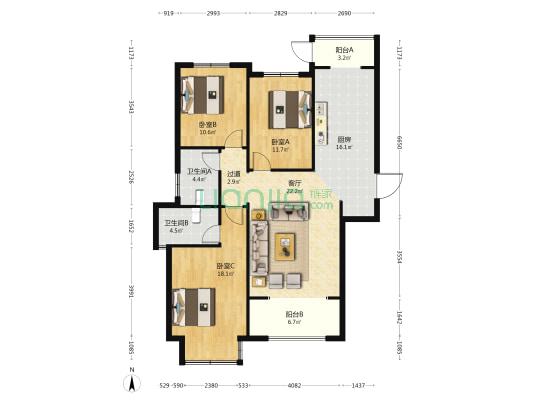 润实月亮湾 3室1厅2卫 137平方