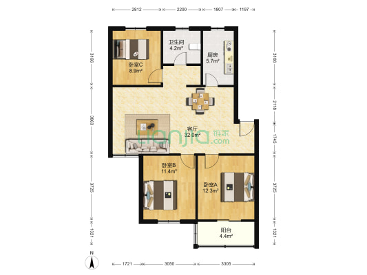 杜鹃社区 3室1厅1卫 92平方