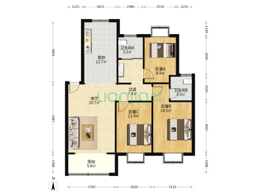 湖滨佳园 3室1厅2卫 105平方