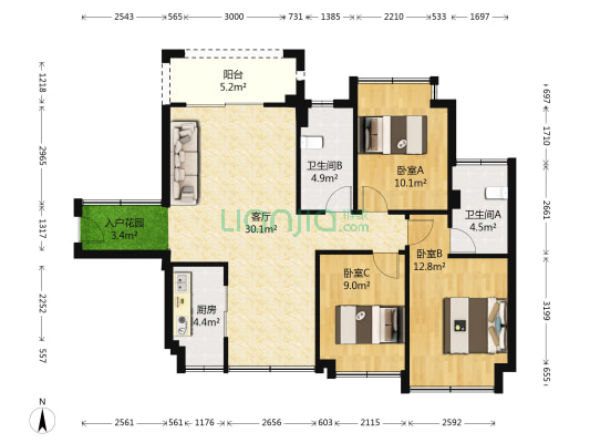 峰景豪苑 3室1厅2卫 93平方