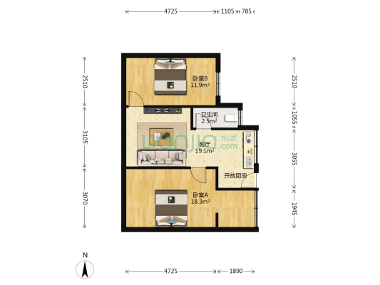 贵乌北路173号 2室1厅1卫 61平方