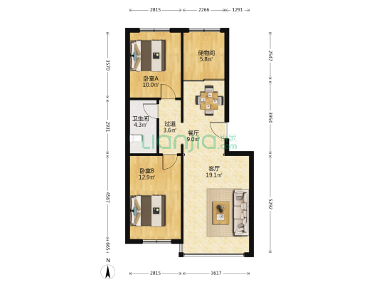 嘉陵江小区 2室2厅1卫 80平方