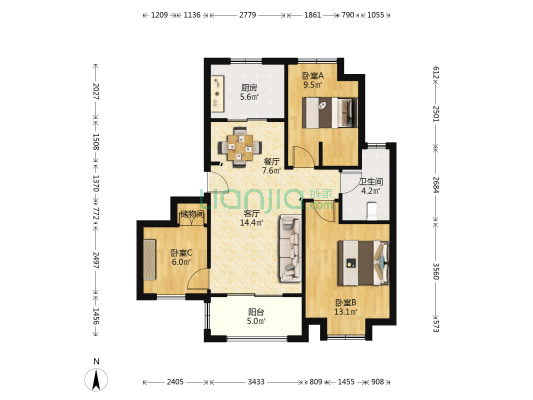 同济东时区 3室2厅1卫 90平方