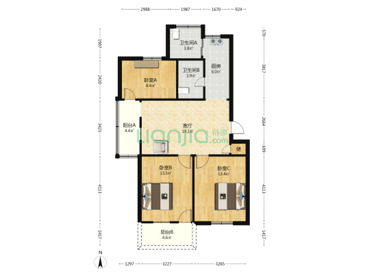 民航宿舍 3室1厅2卫 89平方