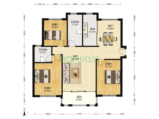广厦天都城天风苑 3室2厅2卫 119平方