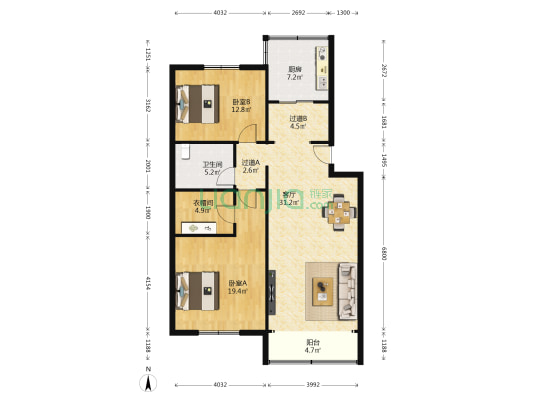 田家美居 2室1厅1卫 108平方
