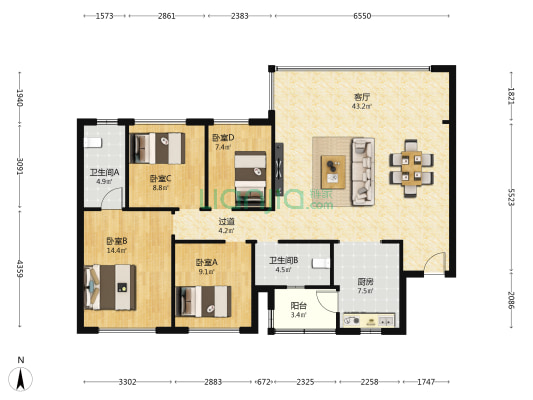 新希望锦粼云境 4室1厅2卫 143平方