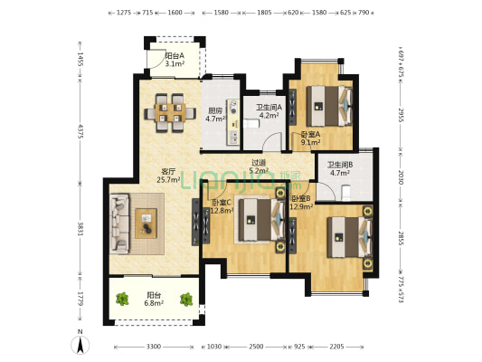 力高君御世家 3室1厅2卫 100平方