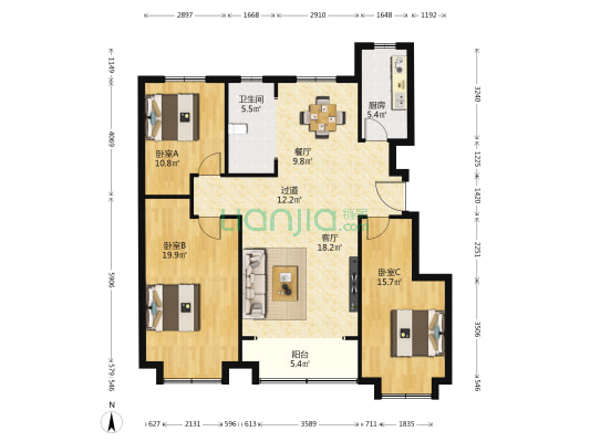 恒丰花园 3室2厅1卫 126平方