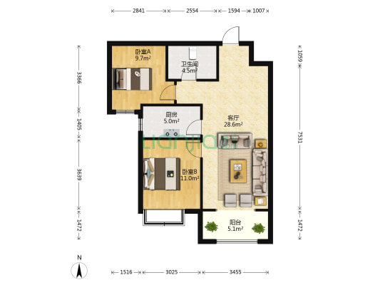 保利堂悦 2室1厅1卫 88平方