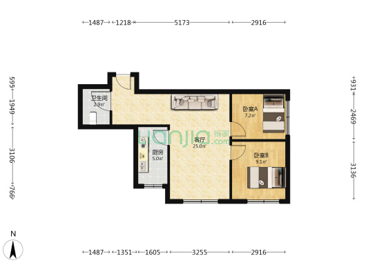 宝新公馆 2室1厅1卫 72平方