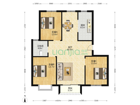 曙光花园 3室1厅1卫 128平方