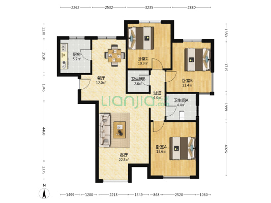 州河湾北园北区 3室2厅2卫 122平方