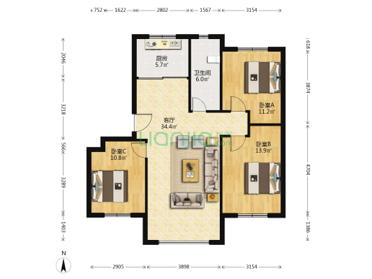 亿达第一郡五期 3室1厅1卫 98平方