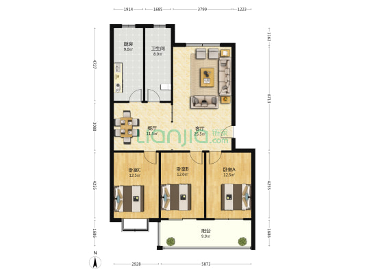 昌盛花园三期西区 3室2厅1卫 126平方