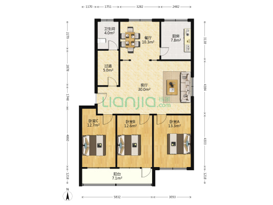 山东科技职业学院宿舍北院 3室2厅1卫 130平方