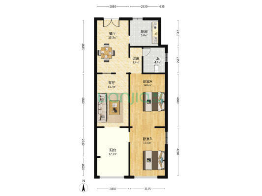 水湖路28号 2室2厅1卫 70平方