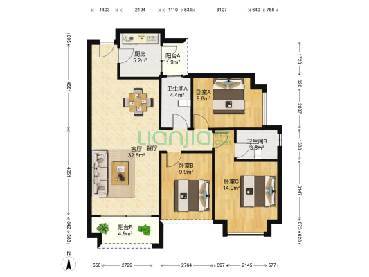 金地琥悦 3室1厅2卫 100平方