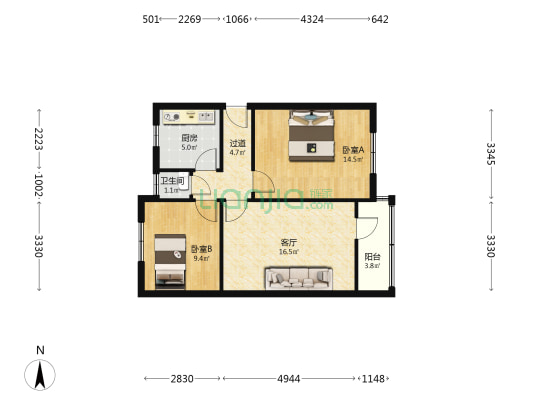 麻茶家属院 2室1厅1卫 80平方