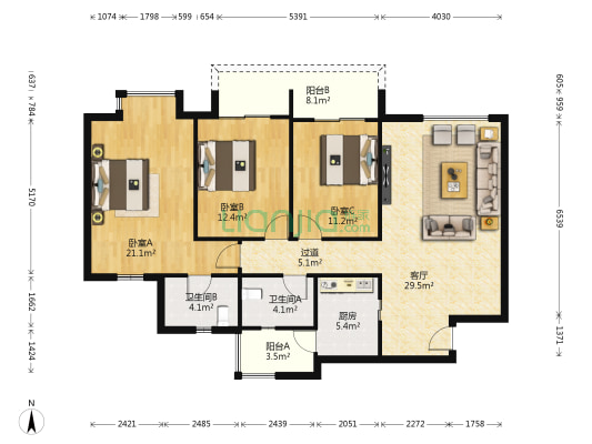 银河花园二期 3室1厅2卫 125平方