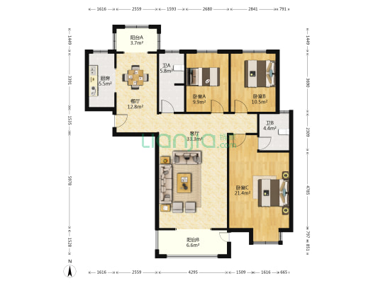 丰茂花园 3室2厅2卫 152平方