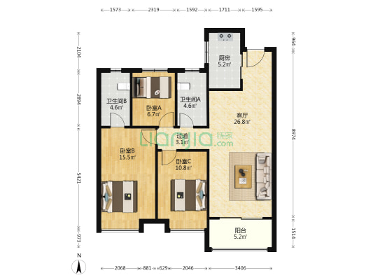 高铁吾悦广场 3室1厅2卫 110平方