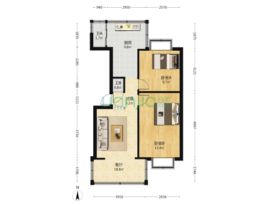 省外办宿舍 2室1厅2卫 54平方