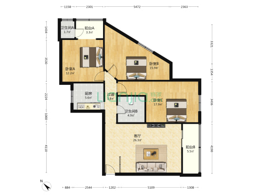 阳光小区 3室1厅2卫 109平方