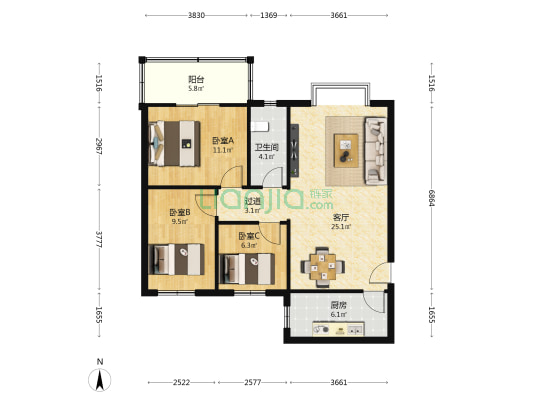 金象花园一期 3室1厅1卫 85平方