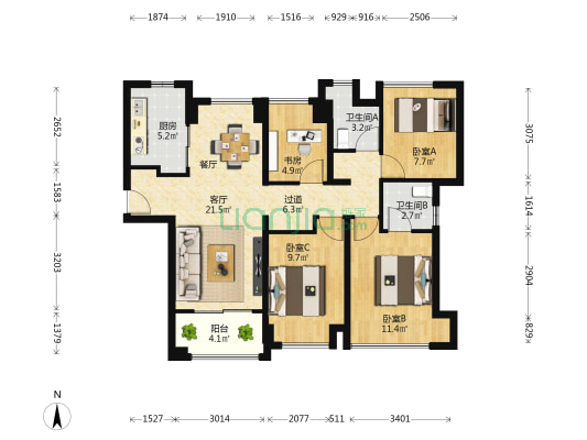 建发书香府邸二期 4室1厅2卫 106平方