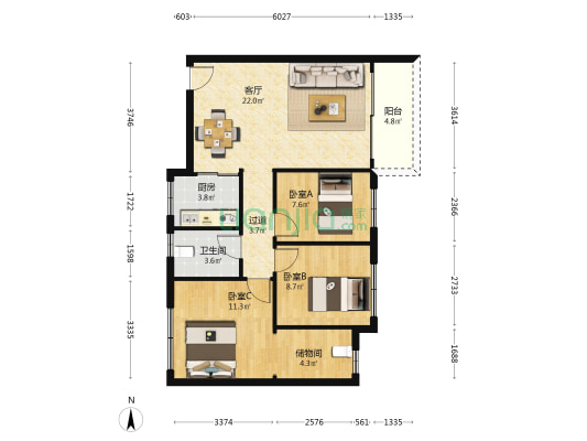 南海台大厦 3室1厅1卫 88平方