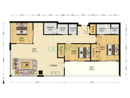 陆家嘴东和公寓 3室1厅5卫 185平方
